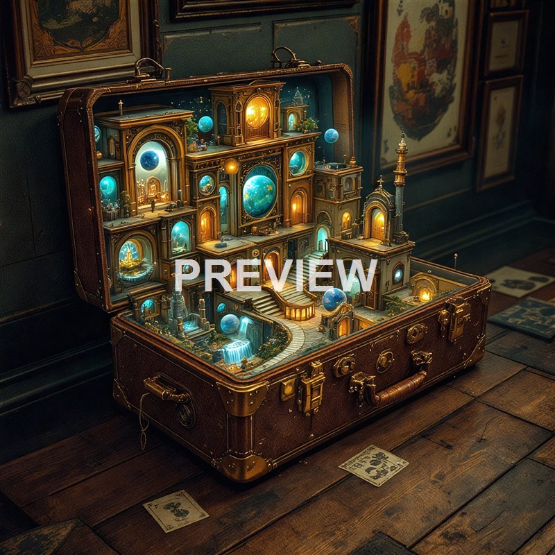 A miniature, ornate, multi-level diorama inside a vintage suitcase, featuring glowing planets, waterfalls, bridges, and elaborate architectural structures set in a fantasy universe.